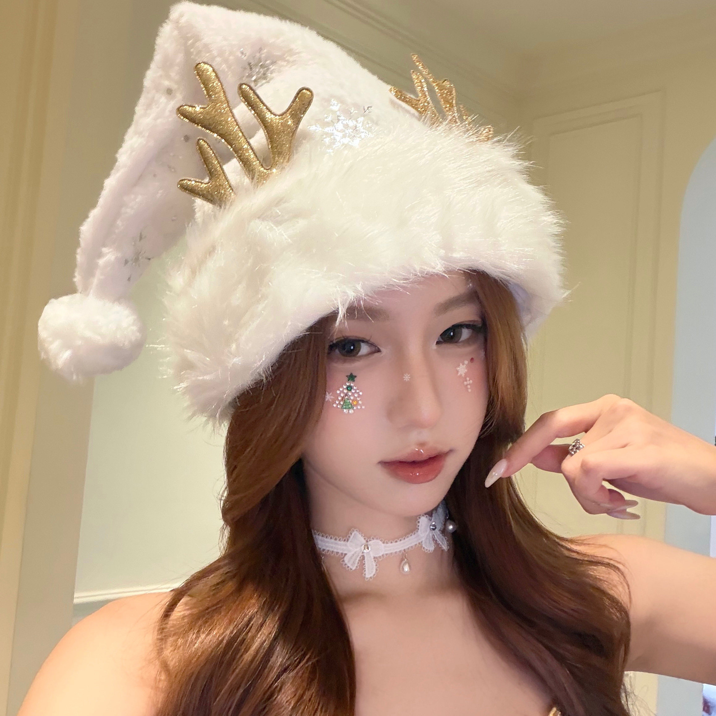 【蜜桃茶】圣诞美神 新款白色雪花鹿角圣诞帽子节日穿搭装扮头饰,淘宝优惠券,粉丝福利购,淘宝优惠卷