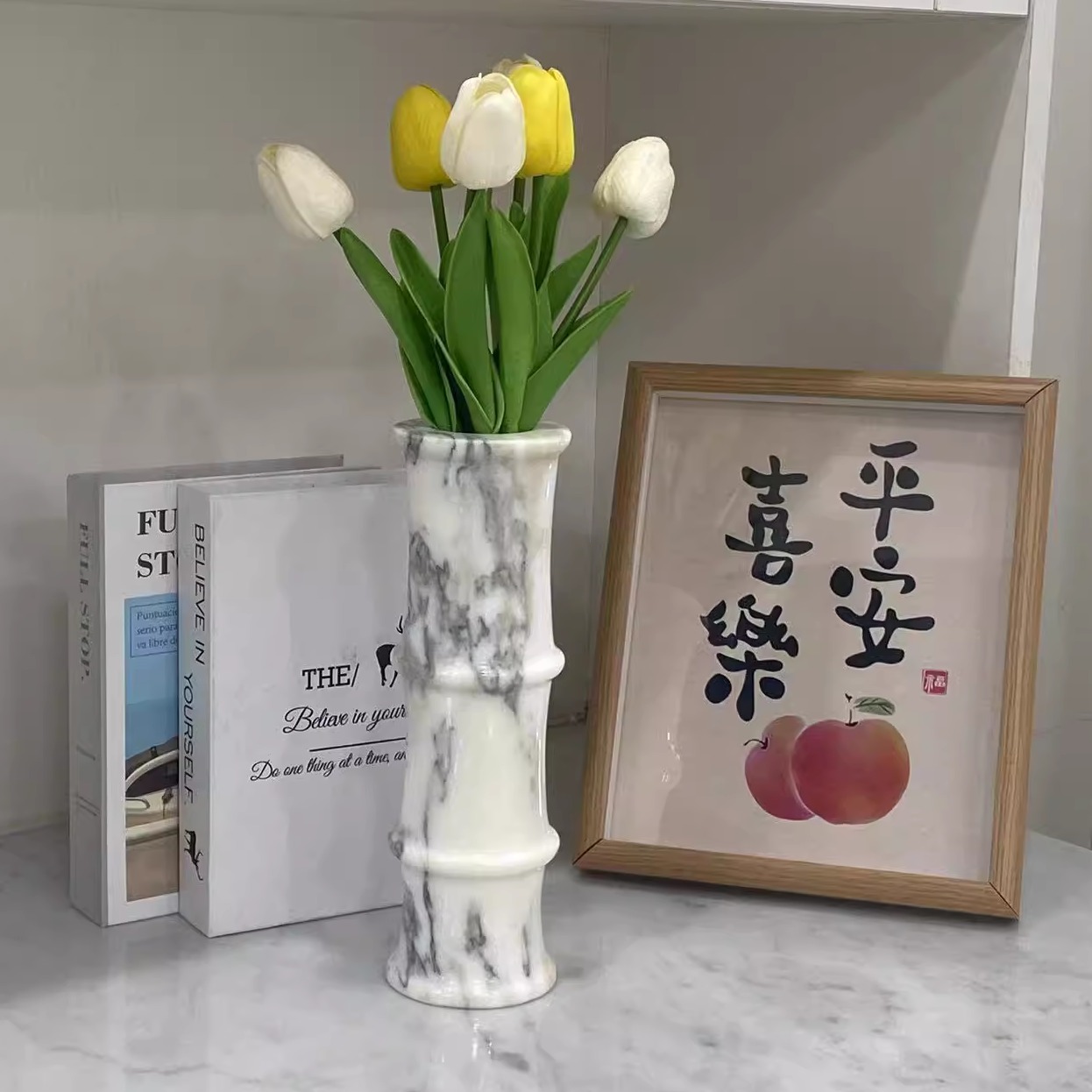 中式竹节花瓶天然大理石花瓶意大利大花白花瓶宝格丽紫花瓶-图1