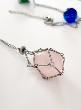 欧美简约小众钛钢金属竹节吊坠配2cm天然石紫水晶网兜锁骨链