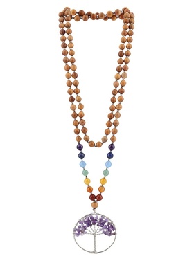 红豆杉木配天然水晶碎石生命树吊坠项链 108颗珠子水晶七色轮项链