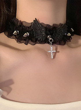 纯欲风choker颈链女天使翅膀蕾丝花边项圈锁骨配饰朋克铆钉十字架
