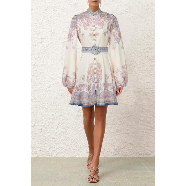 Spot 2025 Australian retro palace style cotton and linen small high collar belt waist super slim long-sleeved short dress