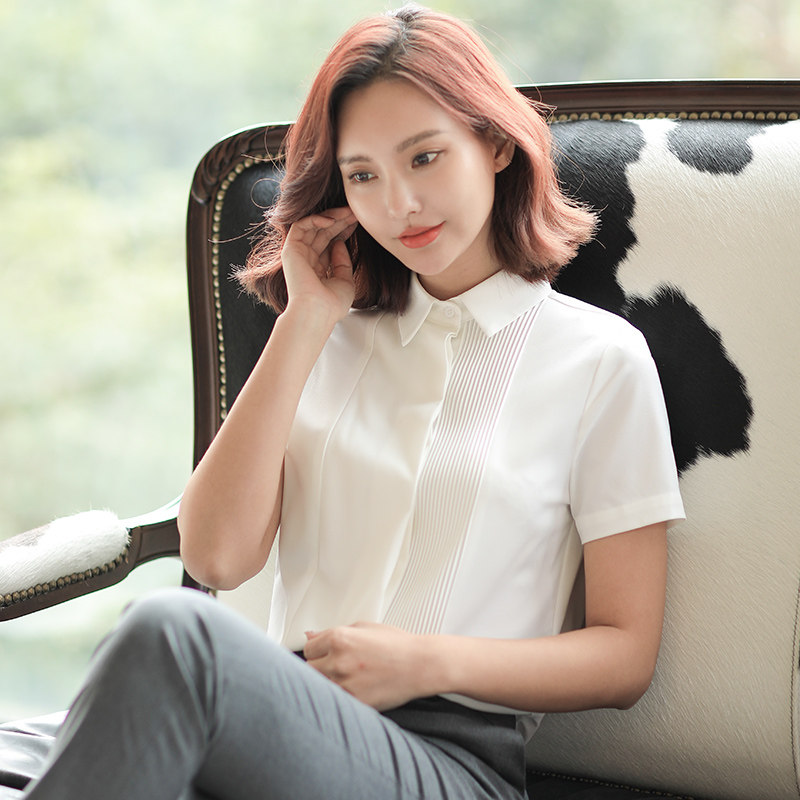 优柏白色雪纺女短袖夏季工作白衬衣 优柏衬衫