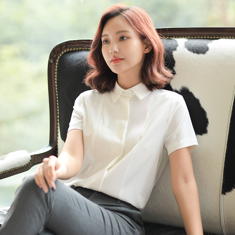 优柏白色雪纺女短袖夏季工作白衬衣 优柏衬衫