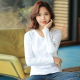 Белый лонгслив, приятная телу хлопковая осенняя футболка, V-образный вырез, в корейском стиле