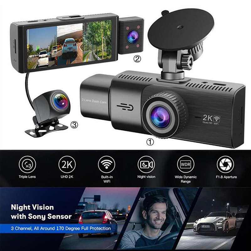 3 Camera 2K Car DVR 1440P 3-Lens Vehicle Dash Cam Recorder - 图0