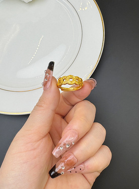 沙金戒指女招财运铜钱戒指金色高级感指环可调节送女友节日礼物