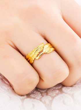 沙金戒指女款 开口镀金仿真金戒指四叶花朵满天星殴币金戒指