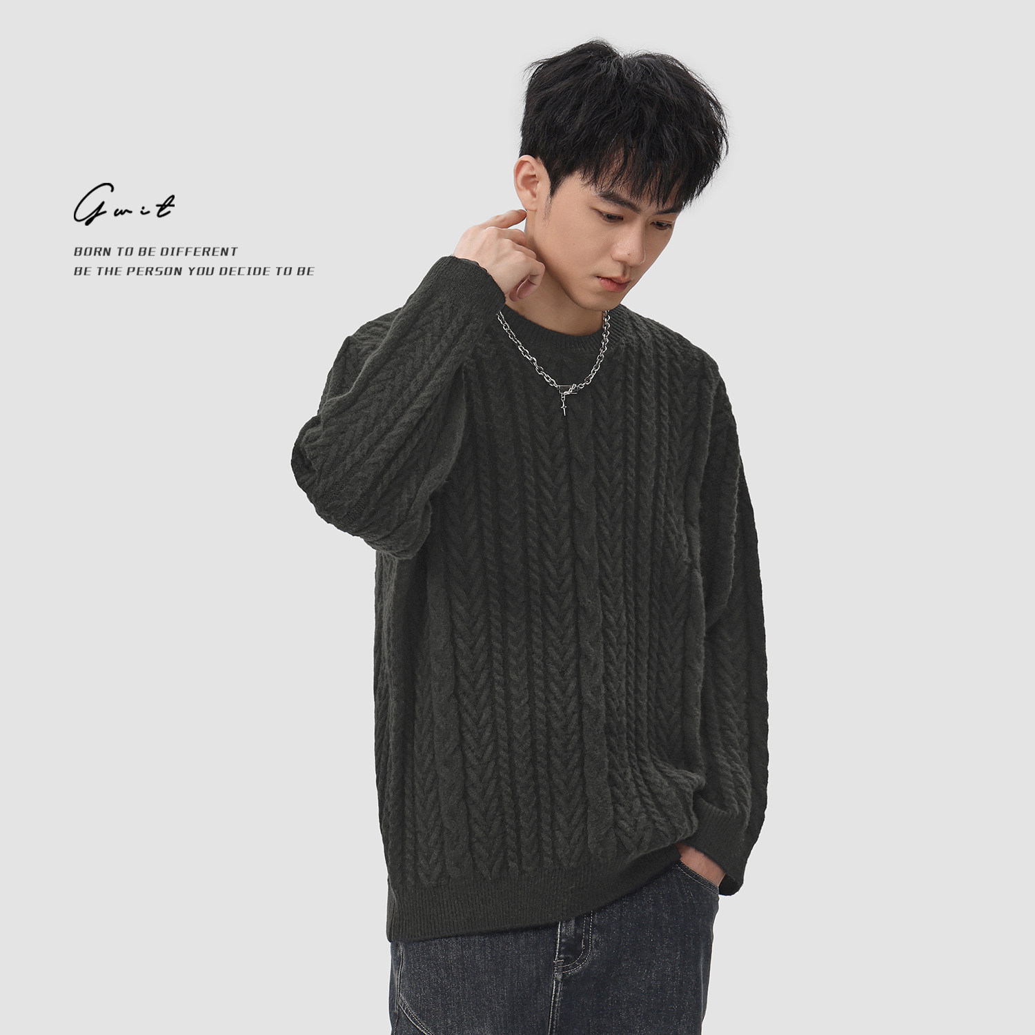 GWIT 复古绞花美拉德松弛感线衣打底衫秋冬针织衫上衣圆领毛衣男,淘宝优惠券,粉丝福利购,淘宝优惠卷