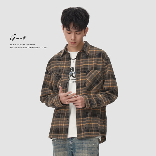 GWIT 美式休闲磨毛复古寸衫外套春秋上衣内搭长袖衬衣格子衬衫男