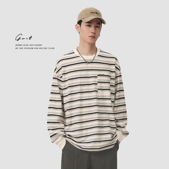 GWIT 美式复古潮牌体恤春秋内搭上衣情侣打底衫圆领条纹长袖T恤男