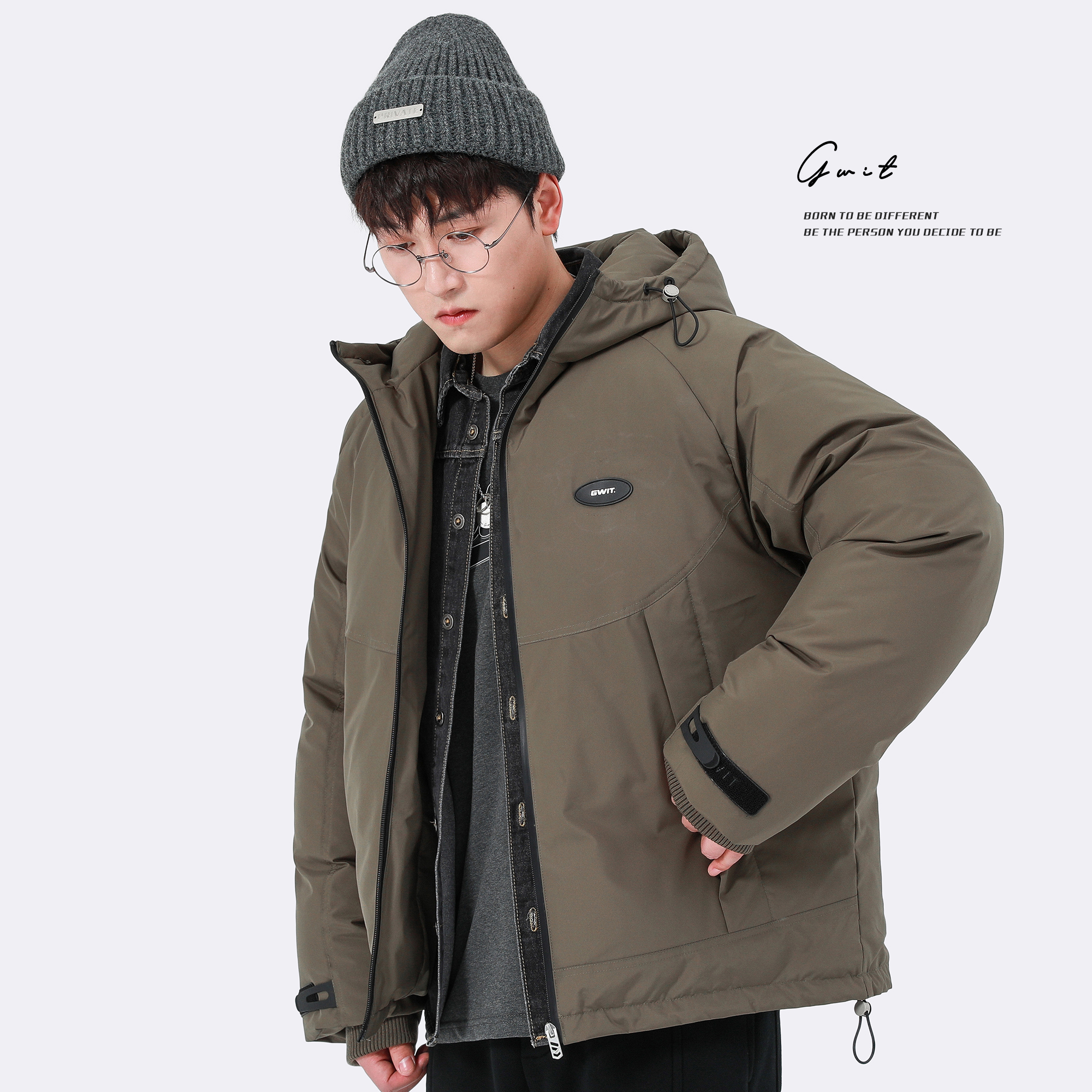GWIT 90绒双胆横绗 冬季新款保暖冲锋衣外套加厚工装连帽羽绒服男 - 图1