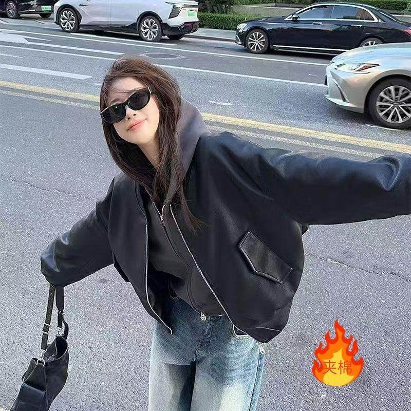 美式高街机车风立领pu皮衣外套女秋冬宽松短款长袖夹克上衣棒球服,淘宝优惠券,粉丝福利购,淘宝优惠卷