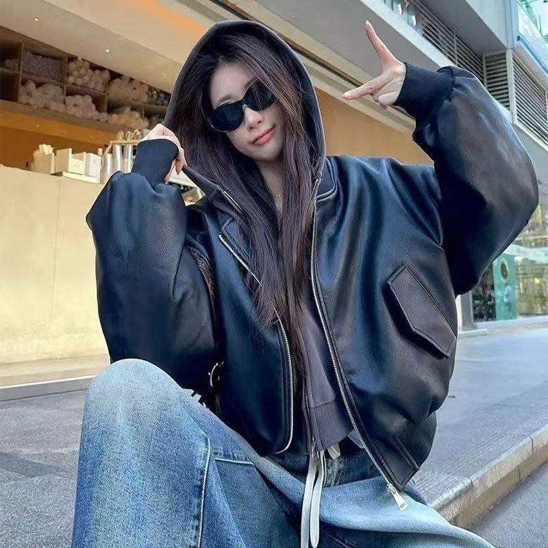 美式高街机车风立领pu皮衣外套女秋冬宽松短款长袖夹克上衣棒球服,淘宝优惠券,粉丝福利购,淘宝优惠卷