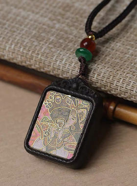 西藏特色复古佛牌吊坠扎基拉姆守护神唐卡项坠檀木民族项链男女