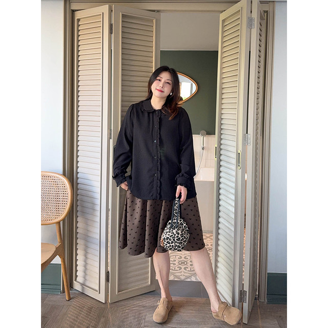 Age-reducing doll collar waffle shirt, loose and slimming