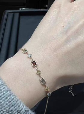 回馈款 日系A家冬季限定感彩色水晶方形手链s925银镀金礼物女精致