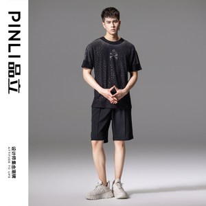 PINLI品立2024夏季新款男士直筒短裤潮牌百搭运动休闲黑色五分裤