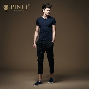 PINLI品立男士短袖T恤V领夏季半袖体恤男装纯色修身衣服打底衫潮