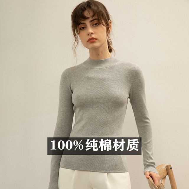 100%all -cotton line foreign sweater female half -high collar sweater slim -light cotton long sleeve base