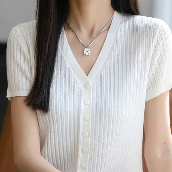 法式冰丝针织短袖开衫T恤女2025夏轻薄透气V领显瘦小衫上衣t恤新 - 图2