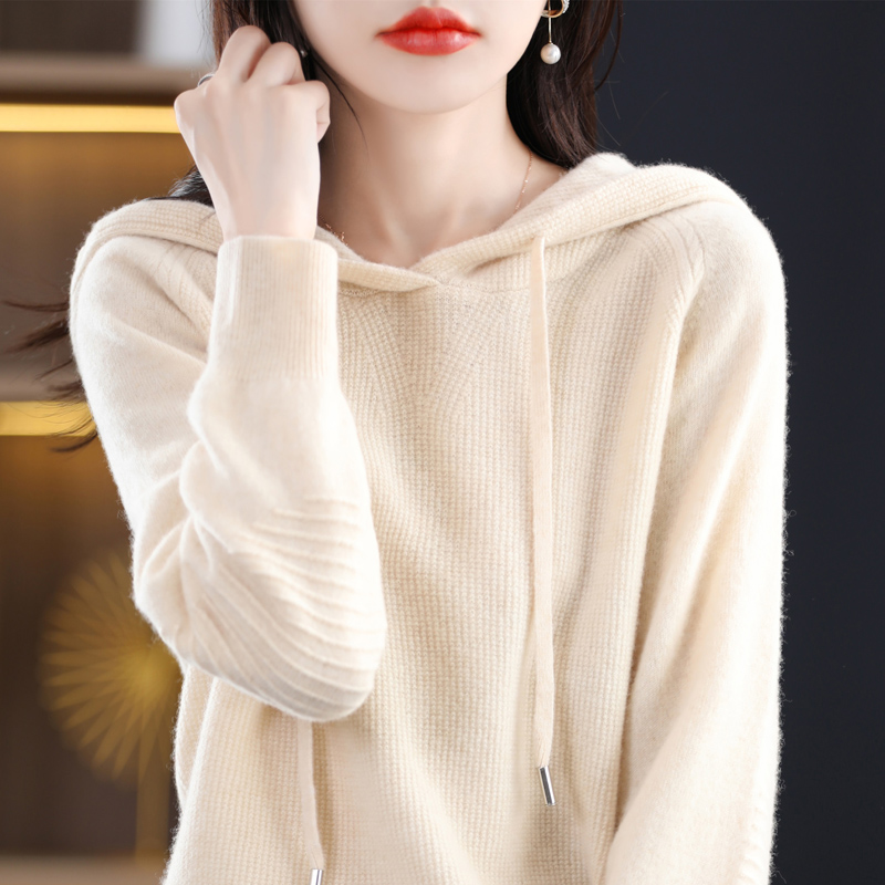 连帽毛衣女秋季长袖带帽卫衣外套宽松慵懒羊毛针织帽衫打底上衣女 - 图1