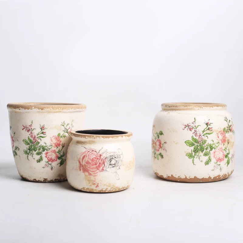 复古花盆粗陶美式乡村仿古手绘图案做旧陶瓷多肉绿植盆栽透气花盆,淘宝优惠券,粉丝福利购,淘宝优惠卷