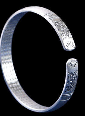 复古莲花心经开口手环哑光足银印花金刚杵女款银镯手镯饰品礼物