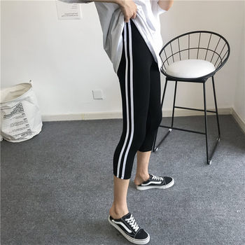 Xia Shangxin ຝ້າຍສີຂາວ striped ສອງແຖບກິລາ leggings ໃກ້ຊິດສໍາລັບ leggings ແປດຈຸດ elastic ຂະຫນາດນ້ອຍຂອງແມ່ຍິງ.