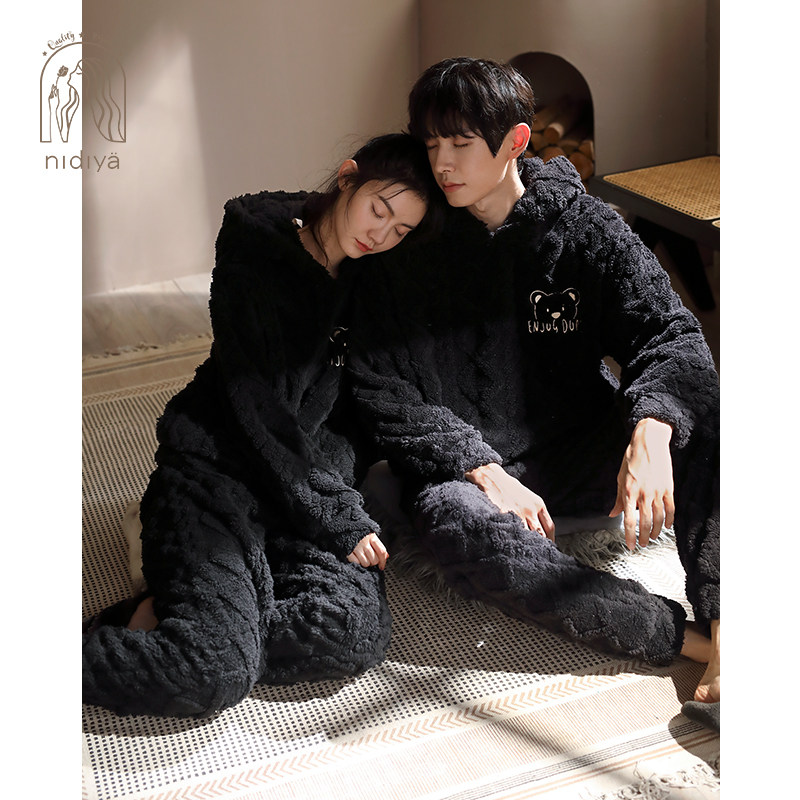 妮狄娅新款情侣睡衣女冬珊瑚绒格子长袖连帽套头男保暖家居服套装,淘宝优惠券,粉丝福利购,淘宝优惠卷