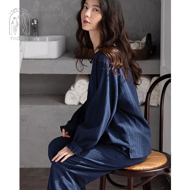 妮狄娅秋季纯棉长袖简约纯色睡衣 妮狄娅服饰睡衣/家居服套装