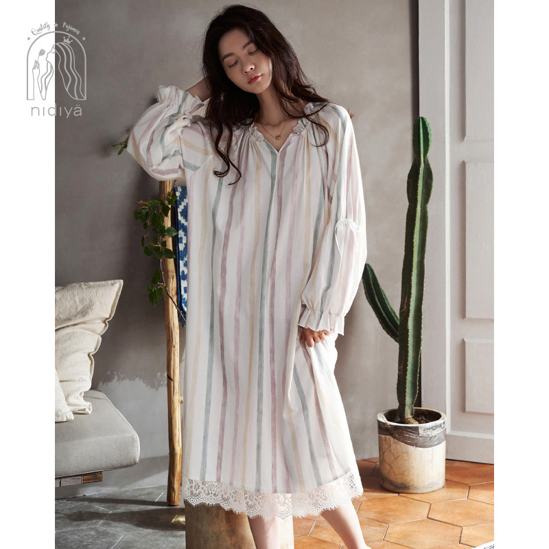 妮狄娅春秋长袖纯棉私房中长款睡裙 妮狄娅服饰睡裙