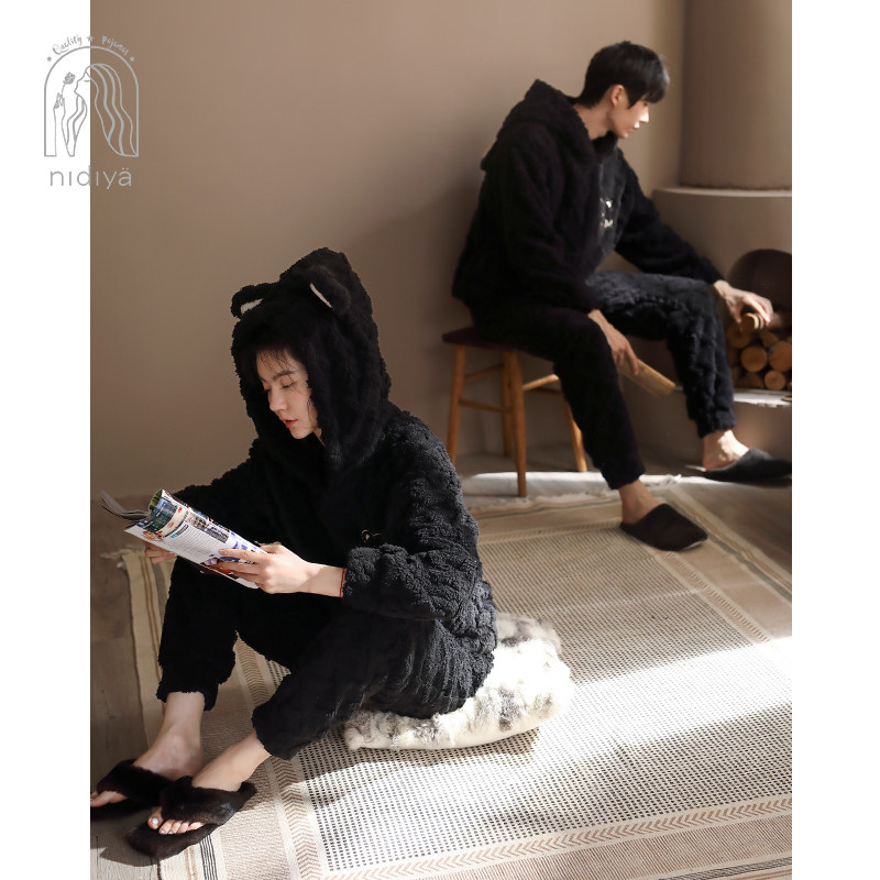 妮狄娅新款情侣睡衣女冬珊瑚绒格子长袖连帽套头男保暖家居服套装,淘宝优惠券,粉丝福利购,淘宝优惠卷