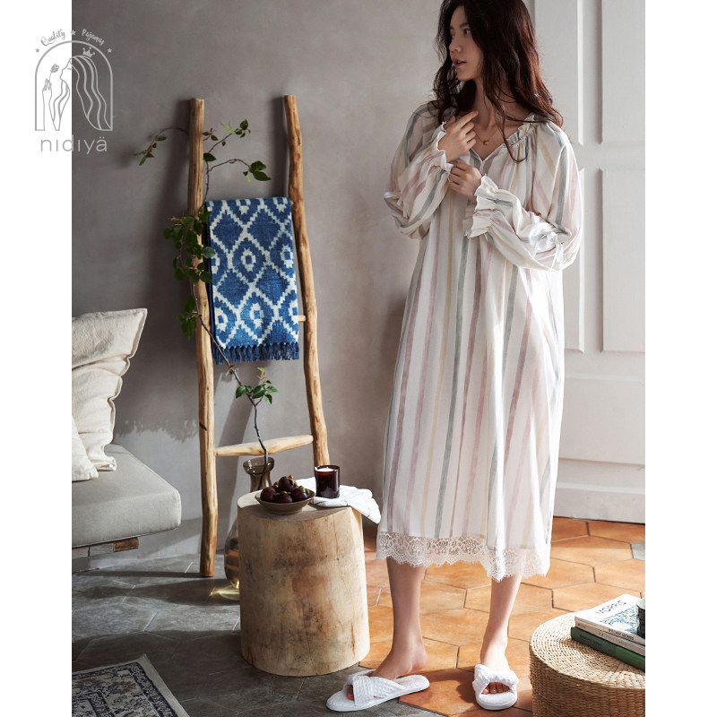 妮狄娅春秋长袖纯棉私房中长款睡裙 妮狄娅服饰睡裙