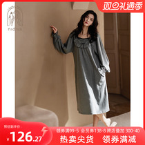 Nedyia 2023 pyjamas sleeping dress Womens autumn pure cotton long sleeves dark striped palace wind spring and autumn mid-dress home clothes