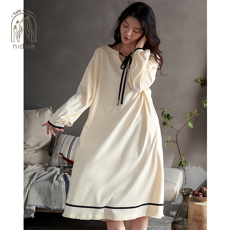 妮狄娅春秋纯棉长袖简约中长款睡裙 妮狄娅服饰睡裙