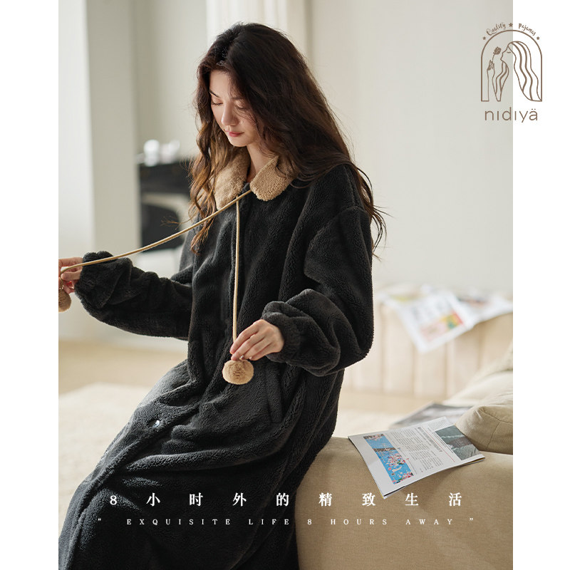 妮狄娅睡衣睡袍女冬季加厚保暖珊瑚绒减龄娃娃领复古中长袍家居服,淘宝优惠券,粉丝福利购,淘宝优惠卷