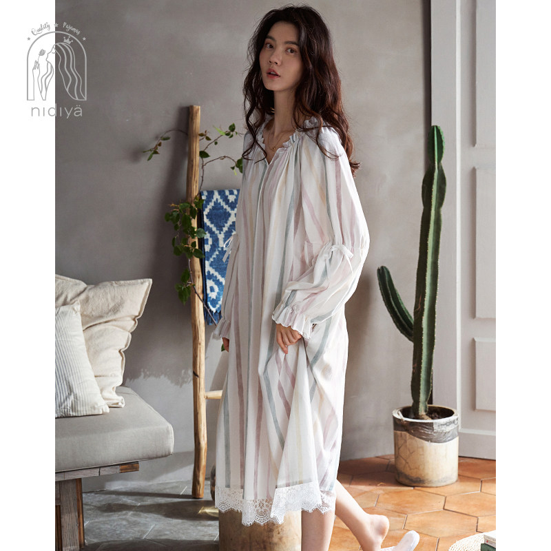 妮狄娅春秋长袖纯棉私房中长款睡裙 妮狄娅服饰睡裙