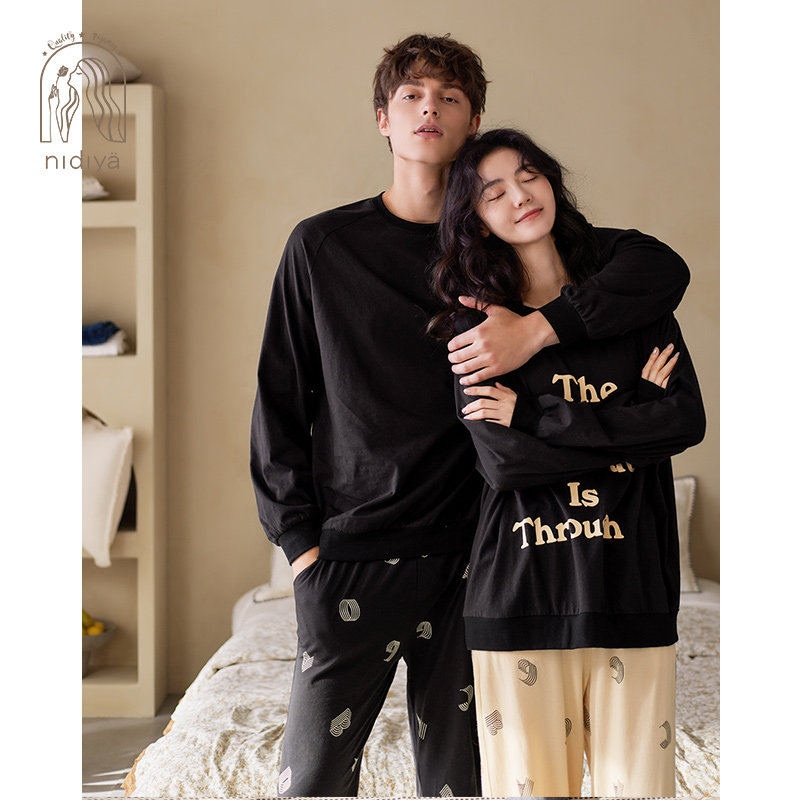 妮狄娅情侣睡衣女春秋季纯棉长袖男士圆领套头可外穿家居服套装,淘宝优惠券,粉丝福利购,淘宝优惠卷