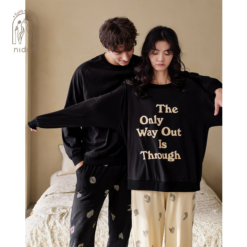 妮狄娅情侣睡衣女春秋季纯棉长袖男士圆领套头可外穿家居服套装,淘宝优惠券,粉丝福利购,淘宝优惠卷