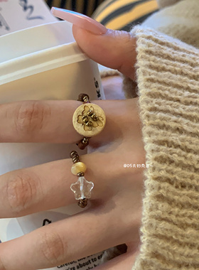 新中式木质串珠戒指女秋冬复古轻奢高级感食指戒时尚个性弹力指环