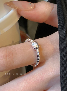 拉丝银麻花几何链条戒指女可调节