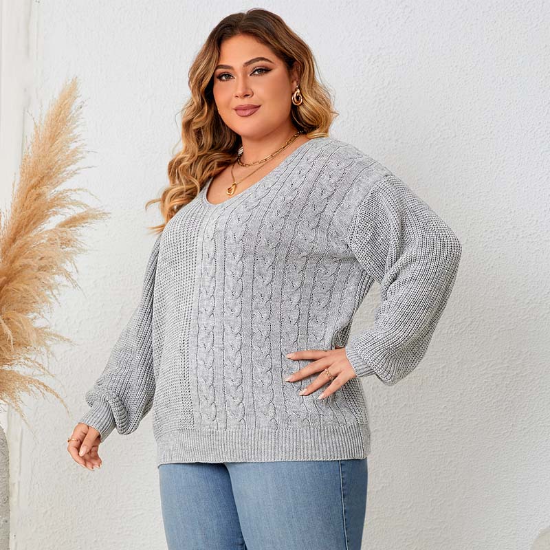 Knit sweater plus size pullover V-neck versatile women's top - 图1