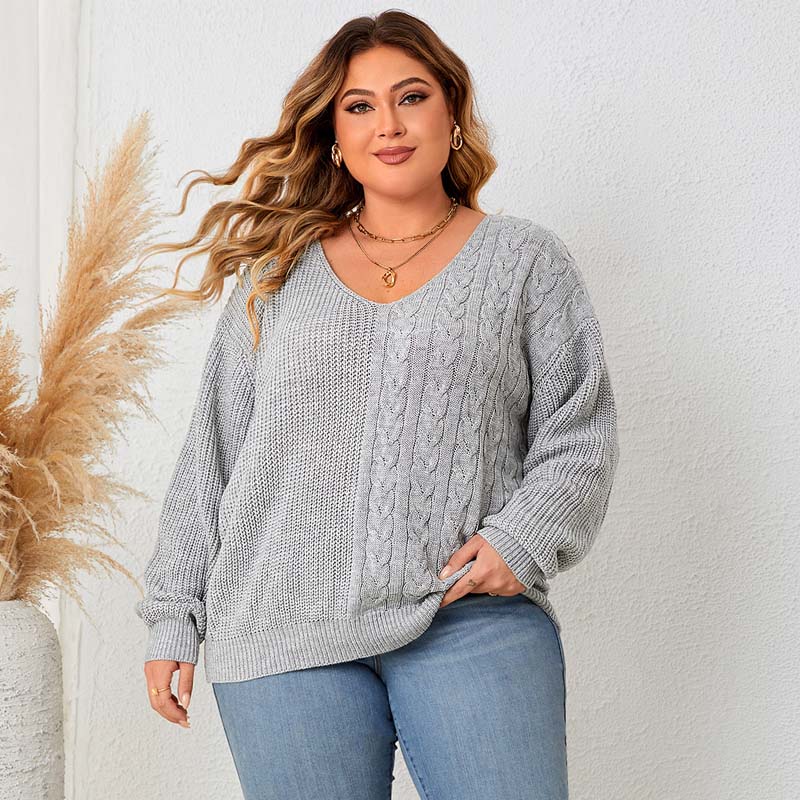 Knit sweater plus size pullover V-neck versatile women's top - 图0