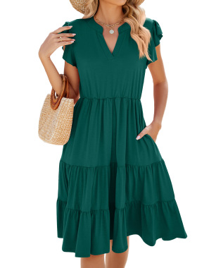 Loose Solid Color V-Neck Dress Women's Casual Shift Dress