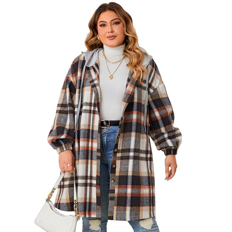 Fall/Winter new women plus size plaid hooded mid-length coat - 图3