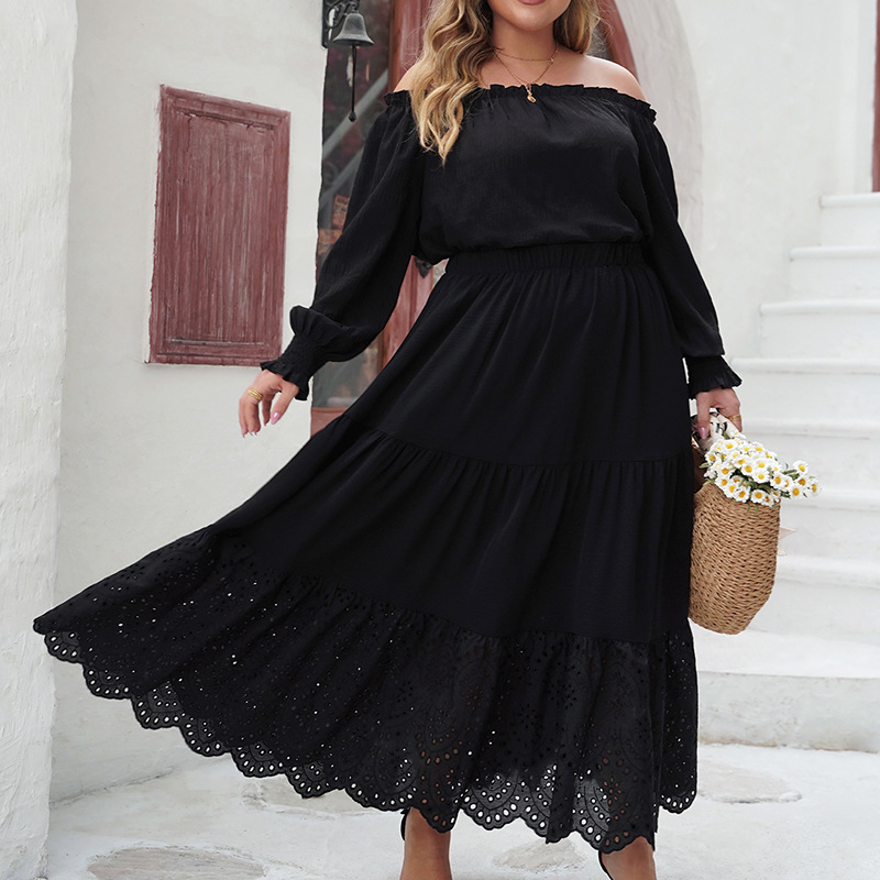 Plus Size Hollow Out Stylish Flared Lace Black Color Skirt-图1