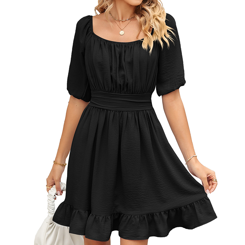 Female Summer Square Neck Loose Backless Tie Waist Dress - 图1