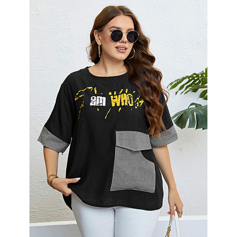 Plus Size Summer Casual Top for Women Grid Pattern Pocket - 图0