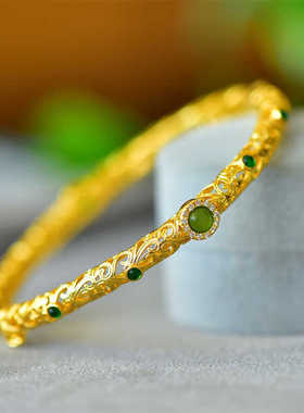 新疆天然和田玉碧玉花丝手镯手环